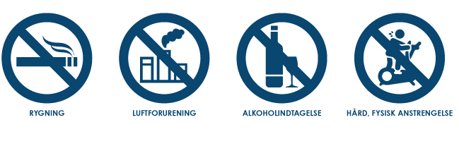Forskellige kilder til dannelse af frie radikaler i kroppen Ikoner for rygning, luftforudrening, alkoholindtagelse og hård fysisk anstrengelse